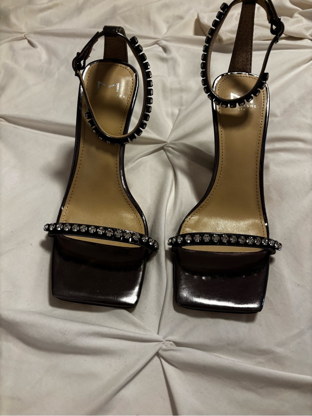 Marc Fisher Black Patent Ankle-Strap Jewel Heels